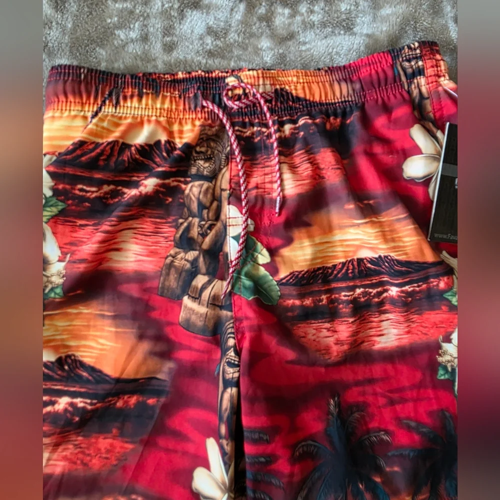 * Favant Tropical Print Kids Shorts-Swim-Bathing Suit W/Pockets Drawstring Sz 14